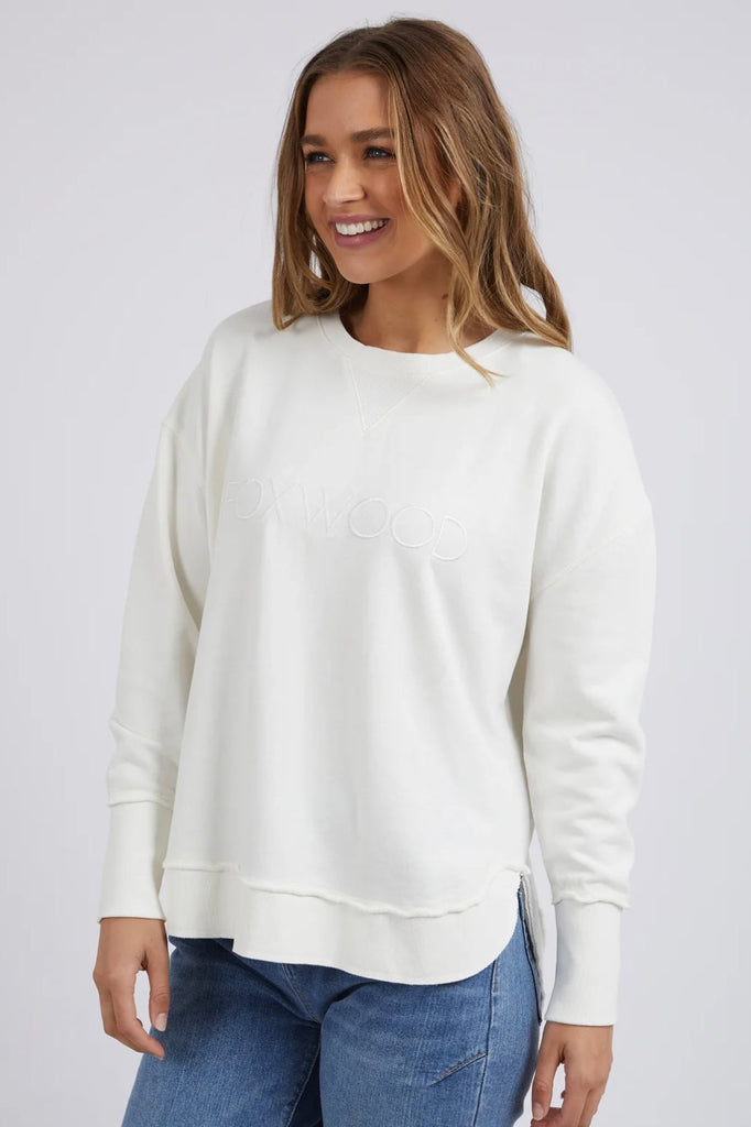 Simplified Crew - Ecru-Foxwood-The Simplified Crew is the perfect throw over for your everyday wardrobe. With its round neck, hi-lo hemline, side splits with raw edging & the classic Foxwood logo, you are going to want one in every colour. 100% UNBRUSHED COTTON FLEECE Our model wears size 10 Designed in Australia-Pash + Evolve