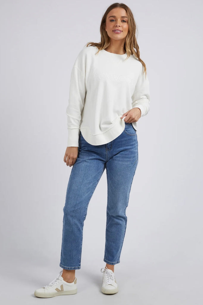 Simplified Crew - Ecru-Foxwood-The Simplified Crew is the perfect throw over for your everyday wardrobe. With its round neck, hi-lo hemline, side splits with raw edging & the classic Foxwood logo, you are going to want one in every colour. 100% UNBRUSHED COTTON FLEECE Our model wears size 10 Designed in Australia-Pash + Evolve