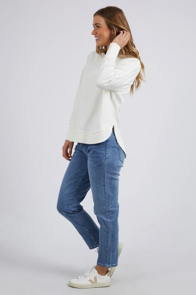 Simplified Crew - Ecru-Foxwood-The Simplified Crew is the perfect throw over for your everyday wardrobe. With its round neck, hi-lo hemline, side splits with raw edging & the classic Foxwood logo, you are going to want one in every colour. 100% UNBRUSHED COTTON FLEECE Our model wears size 10 Designed in Australia-Pash + Evolve