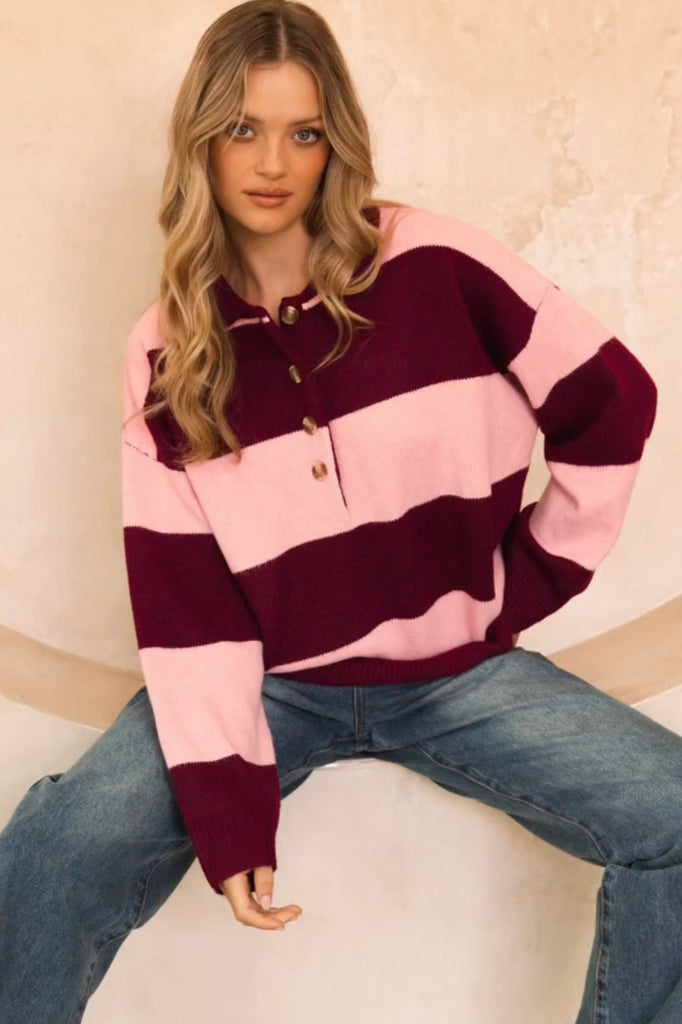 Sophie rugby knit - berry stripe-Pash + Evolve-*Rugby style knit *Long sleeve *Stripe *Relaxed fit *Button up neckline *Collar *100% Polyester-Pash + Evolve