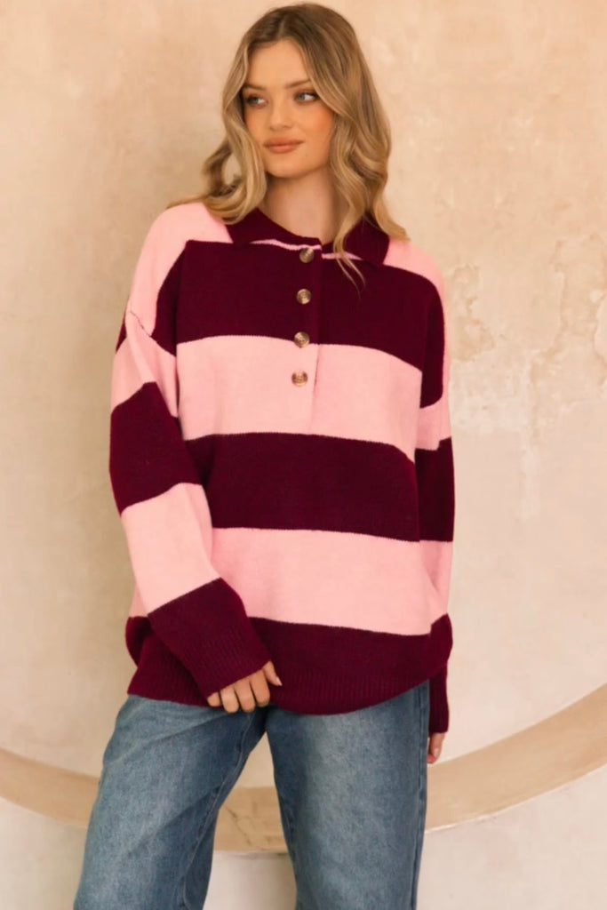 Sophie rugby knit - berry stripe-Pash + Evolve-*Rugby style knit *Long sleeve *Stripe *Relaxed fit *Button up neckline *Collar *100% Polyester-Pash + Evolve