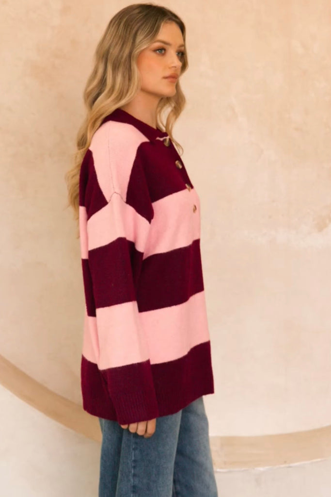 Sophie rugby knit - berry stripe-Pash + Evolve-*Rugby style knit *Long sleeve *Stripe *Relaxed fit *Button up neckline *Collar *100% Polyester-Pash + Evolve