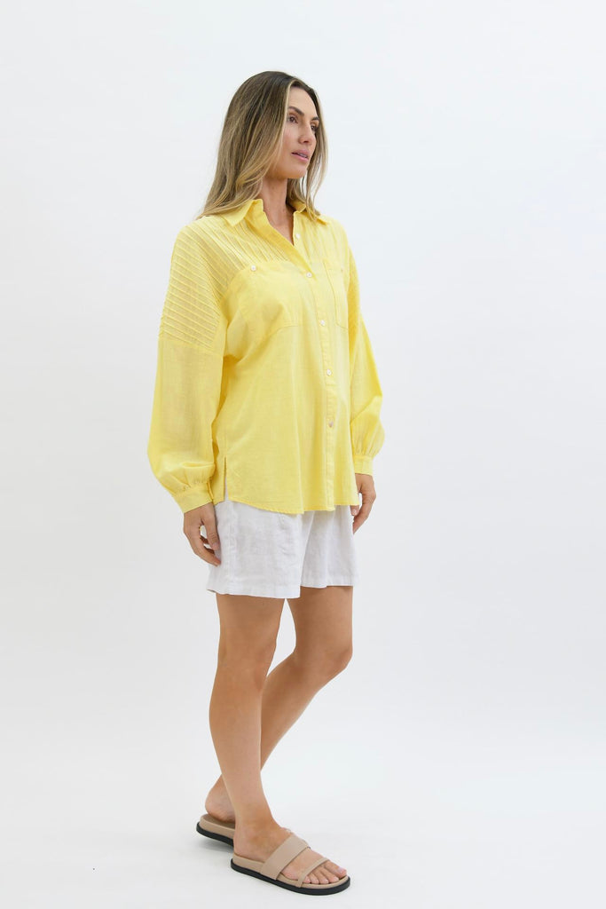 Sophie shirt - lemon-Pash + Evolve-*Button up front *Long sleeve *High-low hemline *Pin tuck detail *Split in hem *Collared neckline *100% Cotton-Pash + Evolve