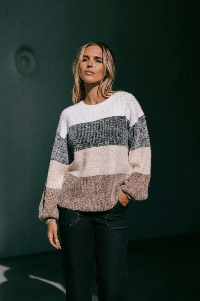 Stacey knit - mocca/latte-Pash + Evolve-*Super soft *Long sleeve *Round neck *Stripes *65% Acrylic, 35% Wool-Pash + Evolve