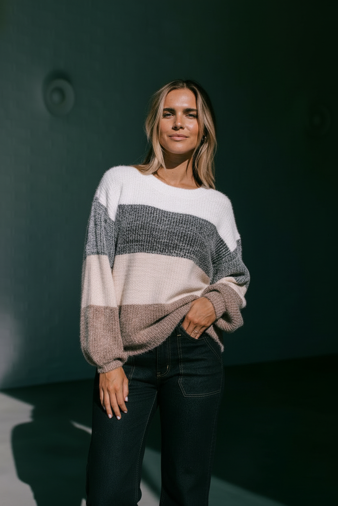 Stacey knit - mocca/latte-Pash + Evolve-*Super soft *Long sleeve *Round neck *Stripes *65% Acrylic, 35% Wool-Pash + Evolve