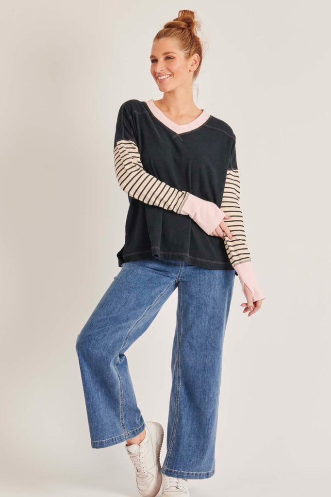 Step hem panel detail top - black & stripe-One Ten Willow-95% Cotton, 5% Elastane Colour block V neck Long sleeve-Pash + Evolve