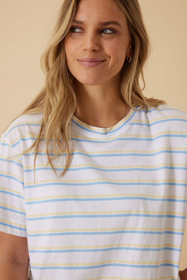 Stevie Slouchy Tee - powder blue/sunny yellow stripe-Ceres Life-Proudly made in Australian Cotton Oversized fit Step Hem Self fabric neck binding Soft Hand feel-Pash + Evolve