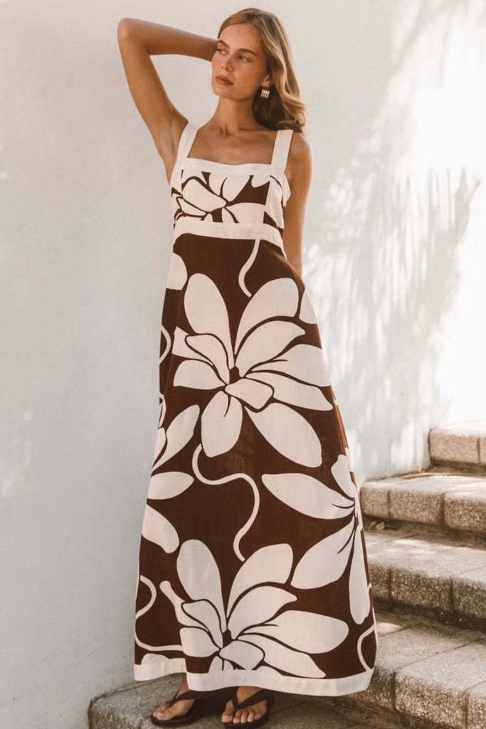 Summer dress - chocolate-Pash + Evolve-*Wide strap *Maxi length *Flower print *Chocolate/cream *Pockets *Square neckline *Rayon/Linen-Pash + Evolve
