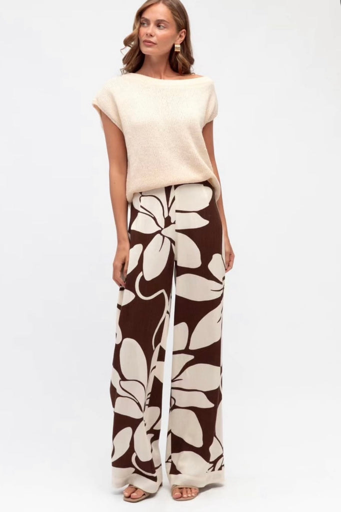 Summer pant - chocolate-Pash + Evolve-*Wide leg *Flower print *Chocolate/cream *High waisted *Rayon/Linen-Pash + Evolve