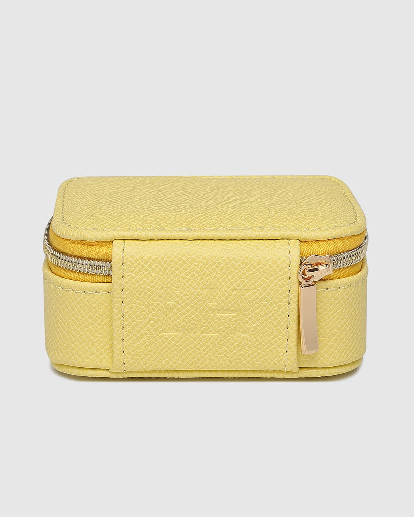 Suzie Jewellery Box - Lemon-Louenhide-The Louenhide Suzie Lemon Jewellery Box is a sweet travel companion ready to store all of your rings, necklaces, bracelets, and earrings. Use every day and stow in your bag for on-the-go use, or pack for weekend adventures. Featuring three ring rolls, two compartments, and an elasticated slip pocket, your precious gems will be secured safely. Internal Features 2 Ring Rolls, Elastic Slip Pocket, 2 Compartments Internal Lining Faux Suede 100% Lining Closure Secure Zip Bod
