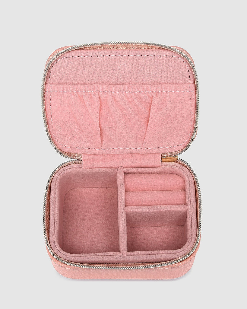 Suzie jewellery box - pink-Louenhide-The Louenhide Suzie Pink Jewellery Box is a sweet travel companion ready to store all of your rings, necklaces, bracelets, and earrings. Use every day and stow in your bag for on-the-go use, or pack for weekend adventures. Featuring three ring rolls, two compartments, and an elasticated slip pocket, your precious gems will be secured safely. Internal Features 2 Ring Rolls, Elastic Slip Pocket, 2 Compartments Internal Lining Faux Suede 100% Lining Closure Secure Zip Body