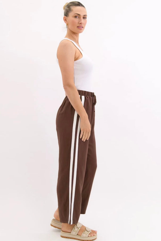 Taylor pant - chocolate-Pash + Evolve-Elasticated waistband Draw string Pockets Stripe down side 65% Linen, 35% Rayon-Pash + Evolve