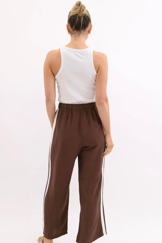 Taylor pant - chocolate-Pash + Evolve-Elasticated waistband Draw string Pockets Stripe down side 65% Linen, 35% Rayon-Pash + Evolve