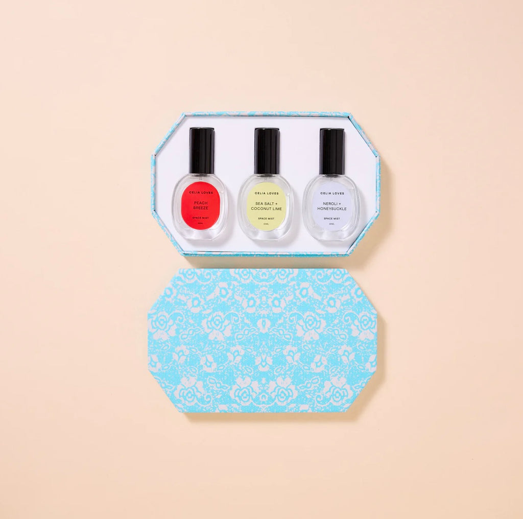 The Sun Seeker - Trio Room Spray Set-Celia Loves-It can be *so* hard to choose your favourite Celia Loves scent, so we’ve taken the pressure off you to choose just one (we got you). Introducing The Sun Seeker Trio (AKA, the ultimate collection of juicy, fruity favourites), featuring three luxe triple-scented Room Sprays in one chic AF gift box. The Sun Seeker storied shores, the thrill of a chance taken, a sunlit meditation. Includes: 1 x 30ml Peach Breeze Room Spray 1 x 30ml Sea Salt & Coconut Lime Room Sp