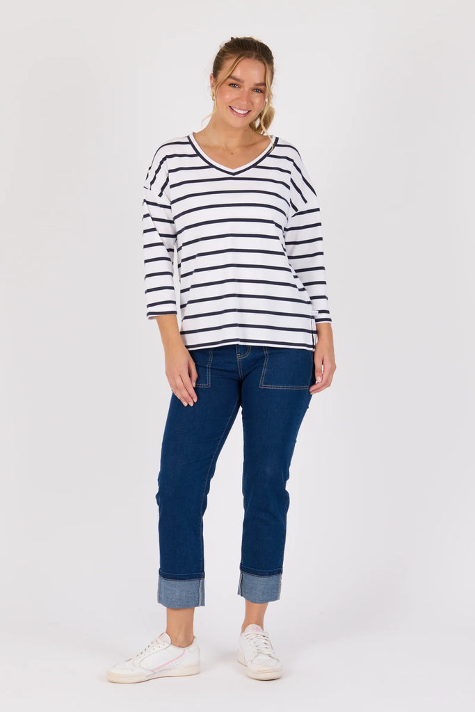 V-Neck 3/4 Sleeve Top - White/Navy Stripe-One Ten Willow-Rounded V- Neck Straight Hemline Side Hem Split Detail 3/4 Sleeve Length Material: 95% Cotton 5% Elastane Model is 176cm (Size 8-10) and wears our size Small-Pash + Evolve