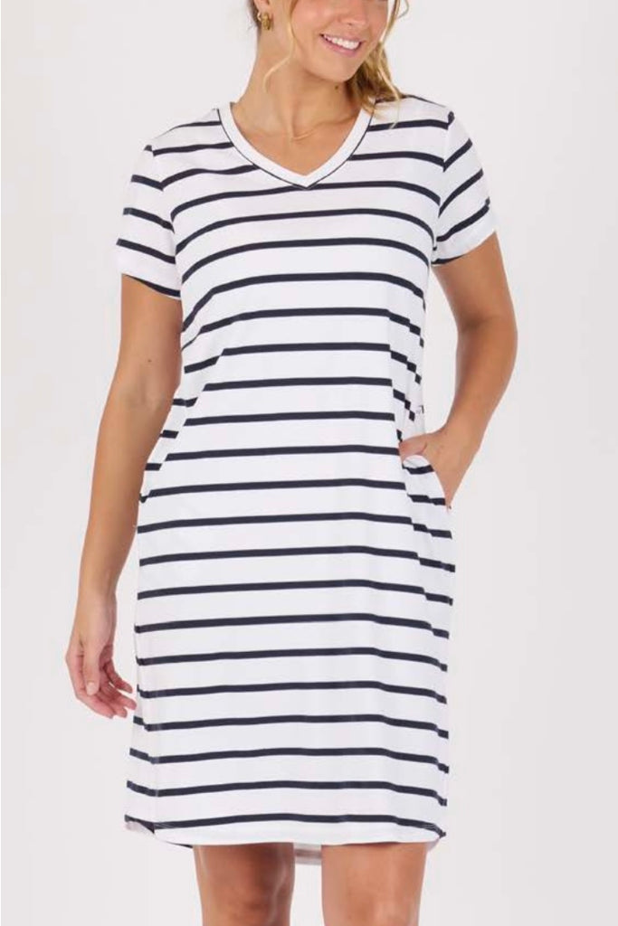 V neck betty dress - white/navy stripe-One Ten Willow-*V neck *Short sleeve *White/Navy Stripe *Just above knee length *Cotton Elastane-Pash + Evolve