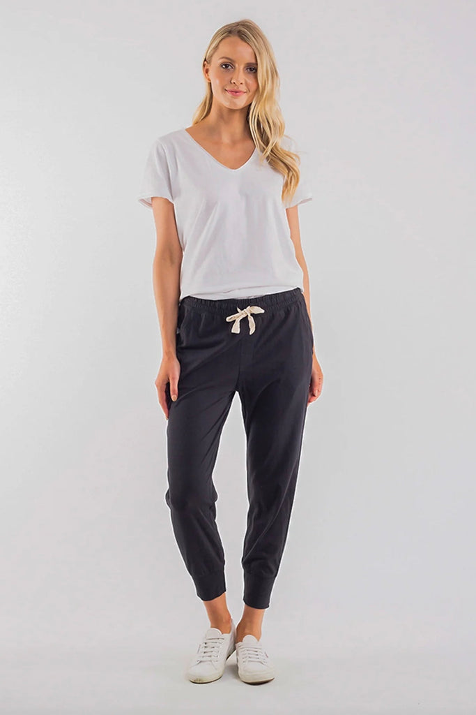Wash out lounge pant - washed black-Elm-Everybody's Favourite, The Elm Wash Out Pant Is Made In A 100% Cotton Soft Jersey Fabric And Features Deep Side Pockets And An Elastic Waist For Effortless Everyday Wear. The Dressy Trackie Thick Waistband with Cloth Drawstring Tapered Bottom Leg 100% Cotton Model is 169cm and wears Size 10-Pash + Evolve