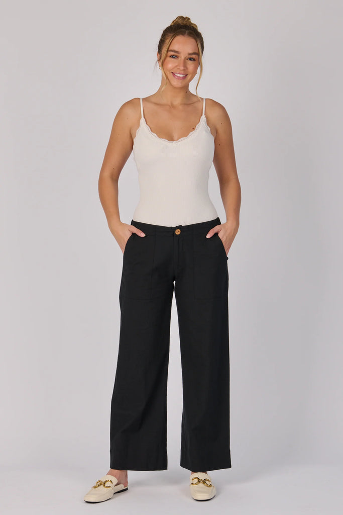 Wide Leg Pant - Black-One Ten Willow-Fixed Waistband Button Front Closure Full Length Wide Leg Side Pockets Model is 176cm (Size 8-10) and wears our size Small Material: 85% Cotton 15% Flex Designed in Geelong, Australia-Pash + Evolve
