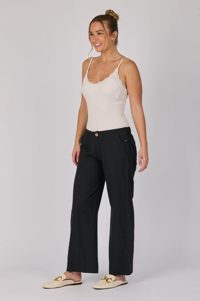 Wide Leg Pant - Black-One Ten Willow-Fixed Waistband Button Front Closure Full Length Wide Leg Side Pockets Model is 176cm (Size 8-10) and wears our size Small Material: 85% Cotton 15% Flex Designed in Geelong, Australia-Pash + Evolve