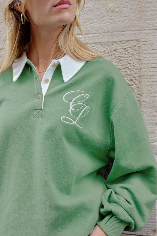 Wren Rugby Sweat - Pistachio White Logo-Ceres Life-Organic Cotton Blend Loopback Drop Shoulder Pockets in side seam Collared neckline Functional button placket-Pash + Evolve