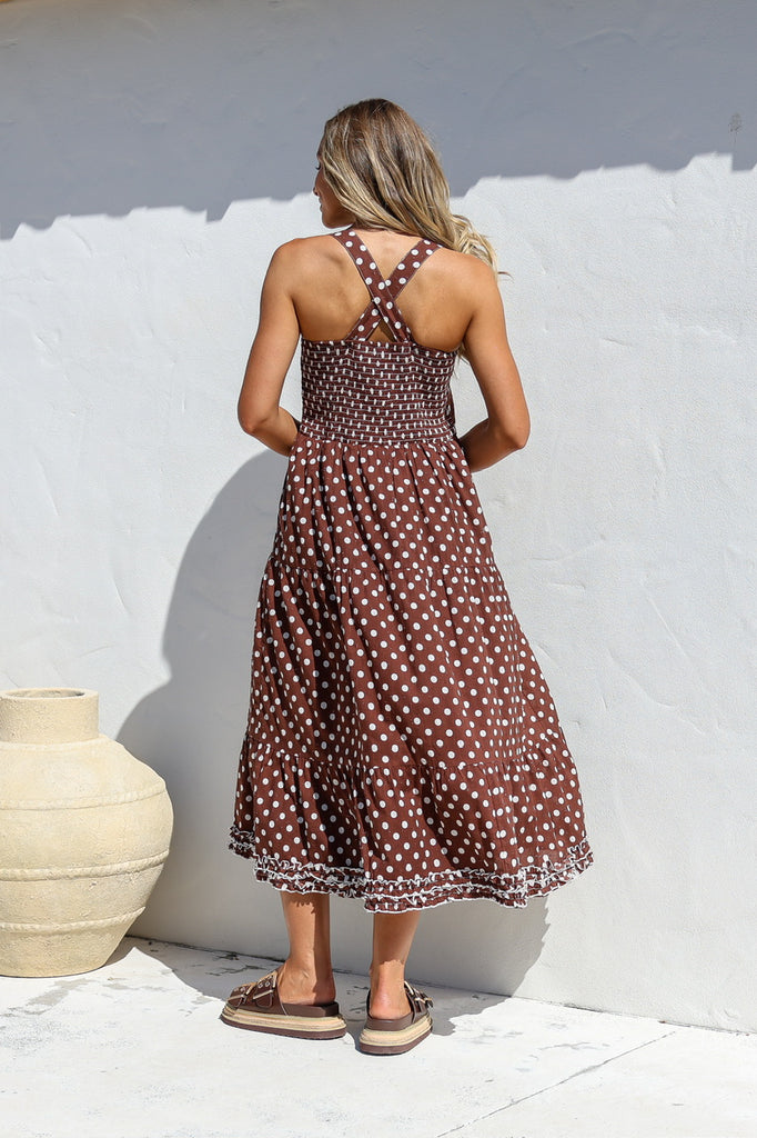 Zemma dress - choc/white spot-Pash + Evolve-*Chocolate/white spot *Cross back *Square neckline *Midi length *Elasticated back-Pash + Evolve