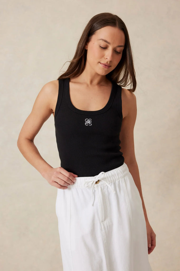 Zoe Contour Rib Scoop Tank - Black-Ceres Life-Made using 95% organic cotton 5% elastane for shape retention and support Fitted through the body for a flattering silhouette Flattering scooped neckline Designed to finish at the hip Perfect for layering-Pash + Evolve