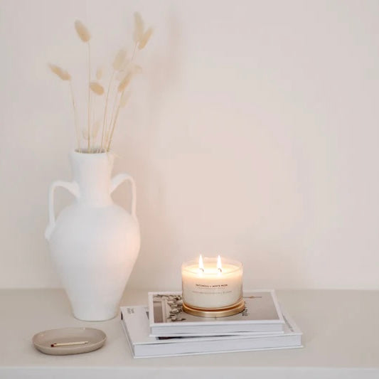 Patchouli & White Musk Soy candle-Pash + Evolve-Candles-A feminine blend of patchouli softened by white musk, vanilla and sandalwood. Warm, woody and earthy – this scent is reminiscent of cooler days and brisk evenings. A perfect partner for any home at any time of year. Let this warm autumn scent waft through your home. Hand poured Soy Candle / Small Batch / Family Owned / Hand Labelled and Packaged 300g / 40+ hours / double wick-Pash + Evolve