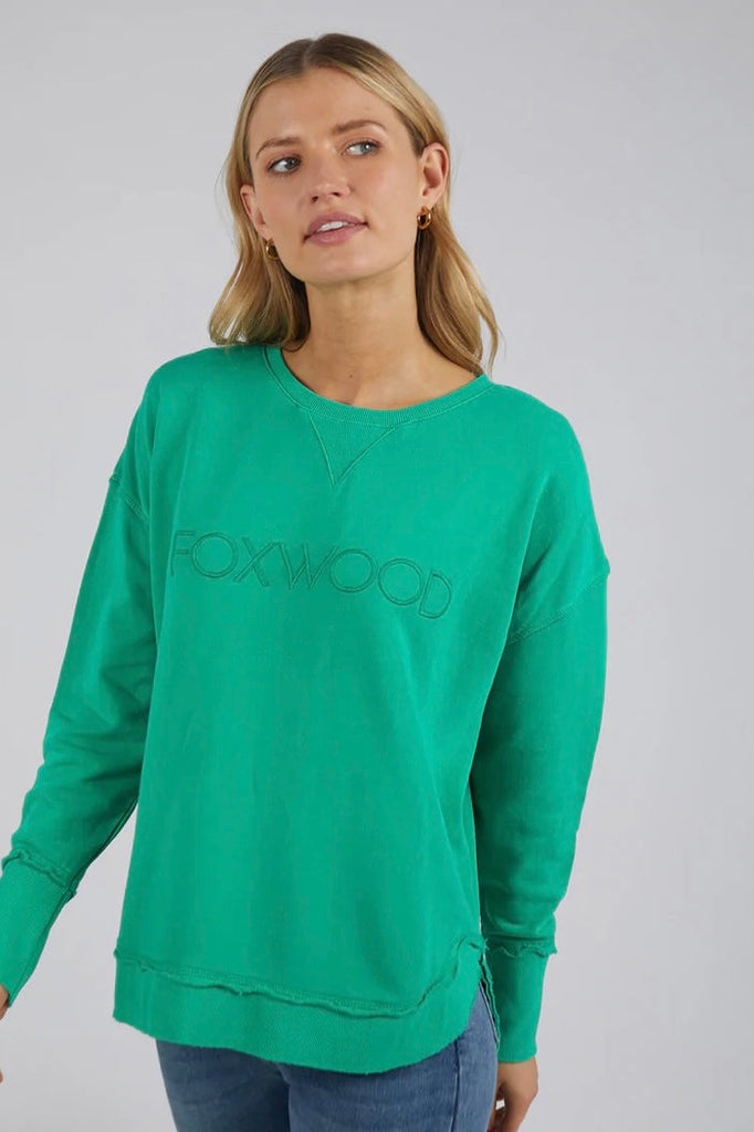 Simplified crew - bright green-Foxwood-The Simplified Crew is the perfect throw over for your everyday wardrobe. With its round neck, hi-lo hemline, side splits with raw edging & the classic Foxwood logo, you are going to want one in every colour. *100% cotton *Designed in Australia-Pash + Evolve