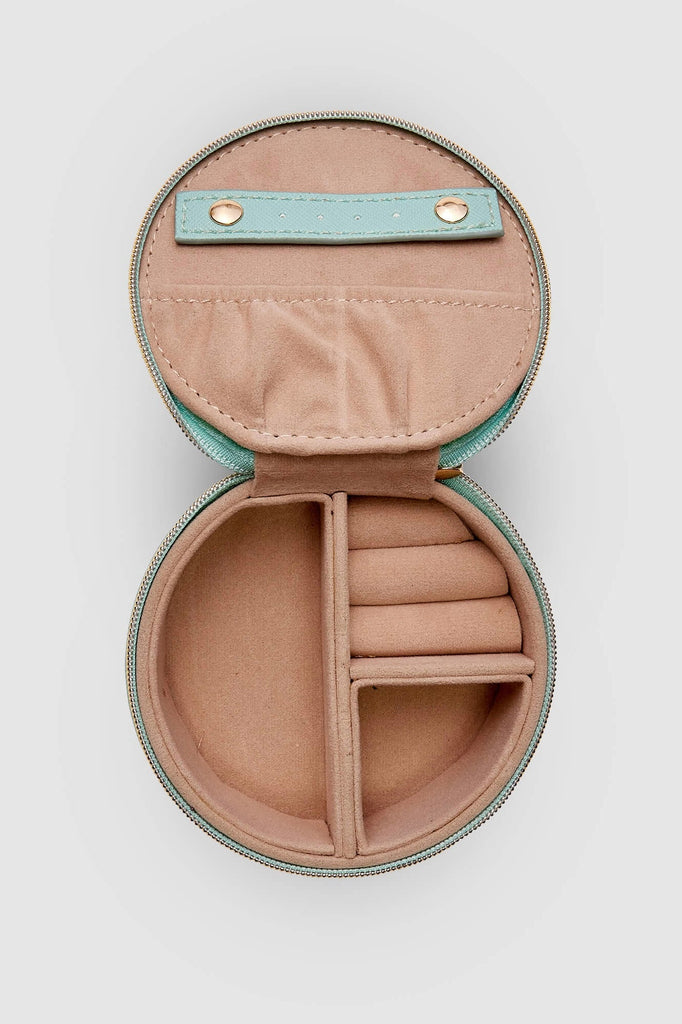 Sisco jewellery box - mint-Louenhide-The Louenhide Sisco Jewellery box is a gorgeous travel case ideal for storing your precious gems. Organise your essential items easily. Structured and protected, this affordable jewellery case will be your new travel companion. *Polyurethane Vegan Leather * 3 Ring Rolls, 2 Compartments, 1 Elastic Slip Pocket, 1 Press Stud Earring Band *Light gold hardware *W9 x H4 x D9cm-Pash + Evolve