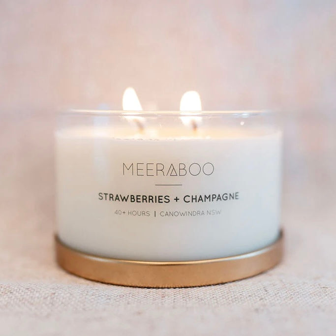 Strawberries & Champagne Soy Candle-Meeraboo-Candles-A perfect partnership for centuries, this is a classic combination of sweet strawberries and divine bubbly. Scent your happy place with a fizzy combination of sparkling rosè and sweet strawberries. Strong, bubbly and vivacious - it's no surprise Strawberries + Champagne is one of our best-selling fragrances. Handpoured Soy Candle / Small Batch / Family Owned / Hand Labelled and Packaged 300g / 40+ hours / double wick-Pash + Evolve
