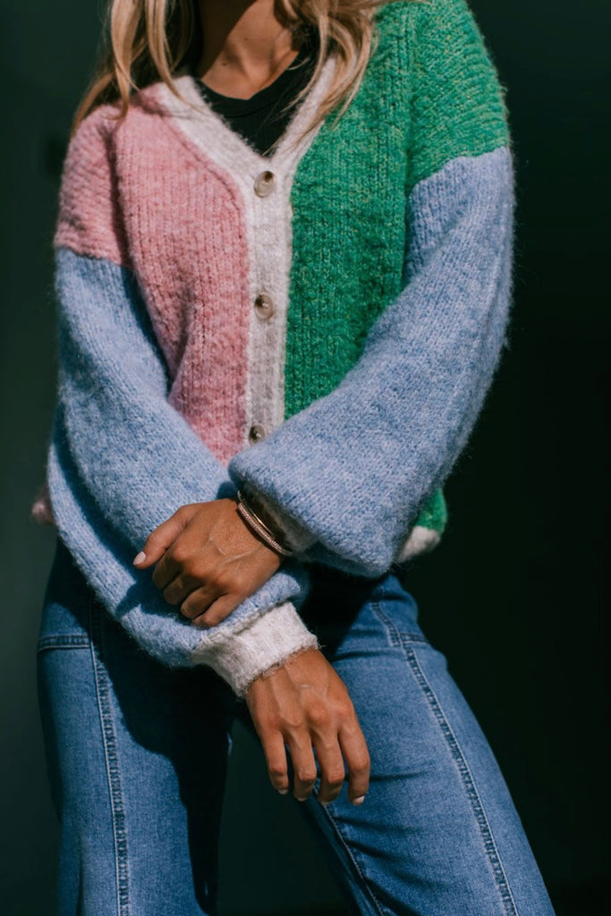 Abbey cardi - pink/green-Pash + Evolve-*V neck *Button down front *Long sleeves *Colour block *Pink/green/Blue *65% Acrylic, 35% Wool-Pash + Evolve
