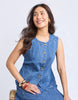 Abbott Vest - Mid Blue-Foxwood-An easy layering piece designed with everyday wear in mind. The Abbott Vest combines comfort with a clean, modern silhouette, perfect for styling back with your favourite skirt or pants. Button down front Stretch denim Split hemline at front Our model is 176cm and wears Size 10-Pash + Evolve