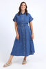 Aimee Denim Dress - Mid Blue Wash-Elm-Elevate your wardrobe with this classic button through midi length denim number. Collar Button through Midi length Rigid Denim-Pash + Evolve