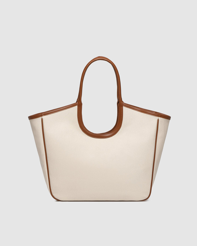 Alexandra Tote Bag - Canvas/Tan-Louenhide-The Alexandra Canvas Tan Tote Bag is a modern essential, thoughtfully designed to carry you from workdays to weekends with ease. This spacious everyday carryall bag balances elevated style and everyday function, making it the perfect lightweight work tote for women that also doubles as your weekend market companion. The tan vegan leather complements the neutral canvas, offering a balanced aesthetic suitable for both casual outings and formal settings. Designed with 