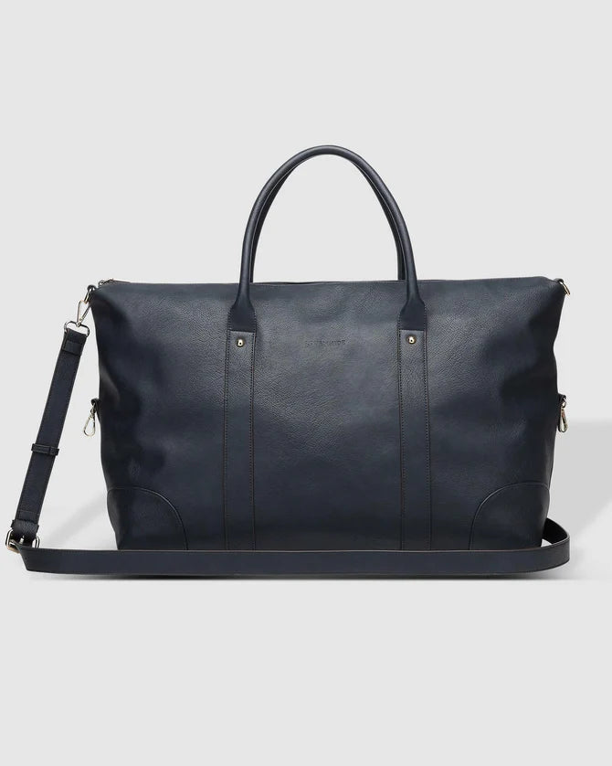 Alexis Weekender Travel Bag - Navy stripe-Louenhide-The Louenhide Alexis Navy Weekender Travel Bag with Stripe Strap is a perfect carryall for overnight or weekend adventures! Feel luxe and invest in a quality, soft, and easy clean vegan leather Louenhide travel bag. This new design is a sporty twist on a Louenhide best seller, now featuring a fun statement stripe webbing extension strap. Wide opening and spacious, this weekender is just the right size to fit your travel essentials. Carry the bag effortless