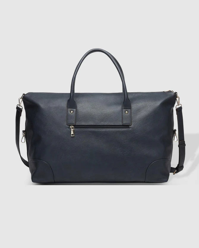 Alexis Weekender Travel Bag - Navy stripe-Louenhide-The Louenhide Alexis Navy Weekender Travel Bag with Stripe Strap is a perfect carryall for overnight or weekend adventures! Feel luxe and invest in a quality, soft, and easy clean vegan leather Louenhide travel bag. This new design is a sporty twist on a Louenhide best seller, now featuring a fun statement stripe webbing extension strap. Wide opening and spacious, this weekender is just the right size to fit your travel essentials. Carry the bag effortless