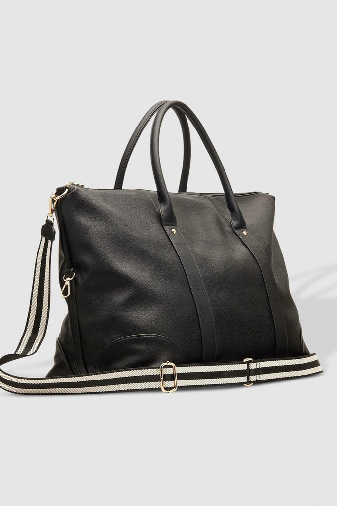 Alexis travel bag - black stripe-Louenhide-The Louenhide Alexis Black Weekender Travel Bag with Stripe Strap is a perfect carryall for overnight or weekend adventures! Feel luxe and invest in a quality, soft, and easy clean vegan leather Louenhide travel bag. This new design is a sporty twist on a Louenhide best seller, now featuring a fun statement stripe webbing extension strap. Wide opening and spacious, this weekender is just the right size to fit your travel essentials. Carry the bag effortlessly by th