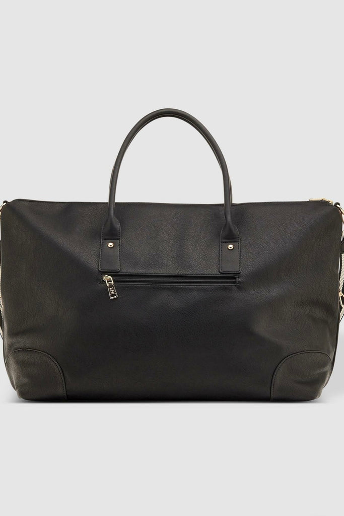 Alexis travel bag - black stripe-Louenhide-The Louenhide Alexis Black Weekender Travel Bag with Stripe Strap is a perfect carryall for overnight or weekend adventures! Feel luxe and invest in a quality, soft, and easy clean vegan leather Louenhide travel bag. This new design is a sporty twist on a Louenhide best seller, now featuring a fun statement stripe webbing extension strap. Wide opening and spacious, this weekender is just the right size to fit your travel essentials. Carry the bag effortlessly by th