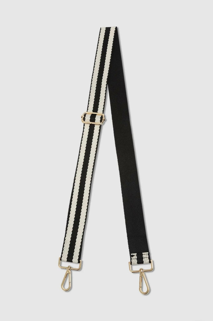 Alexis travel bag - black stripe-Louenhide-The Louenhide Alexis Black Weekender Travel Bag with Stripe Strap is a perfect carryall for overnight or weekend adventures! Feel luxe and invest in a quality, soft, and easy clean vegan leather Louenhide travel bag. This new design is a sporty twist on a Louenhide best seller, now featuring a fun statement stripe webbing extension strap. Wide opening and spacious, this weekender is just the right size to fit your travel essentials. Carry the bag effortlessly by th