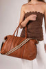 Alexis travel bag - tan stripe-Louenhide-The Louenhide Alexis Tan Weekender Travel Bag with Stripe Strap is a perfect carryall for overnight or weekend adventures! Feel luxe and invest in a quality, soft, and easy clean vegan leather Louenhide travel bag. This new design is a sporty twist on a Louenhide best seller, now featuring a fun statement stripe webbing extension strap. Wide opening and spacious, this weekender is just the right size to fit your travel essentials. Carry the bag effortlessly by the to