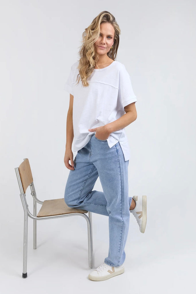 Alison tee - White-Foxwood-Stay vibrant and fresh in the Allison Tee! Made from 100% cotton, this tee will keep you comfortable and stylish all day long whilst adding a pop of colour to your wardrobe. Keep it fun with the Allison Tee! Round neckline Design lines Raw edge details 100% Cotton Our model is 176cm and wears Size 10-Pash + Evolve