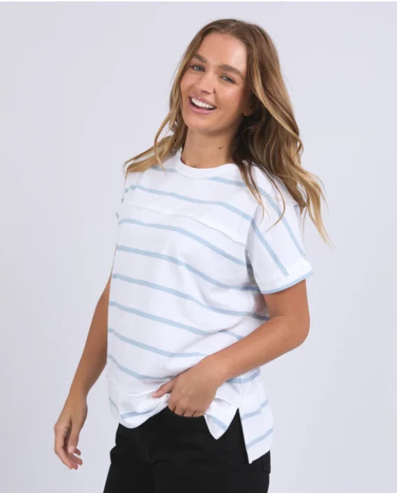 Allison stripe tee - white/sky blue-Foxwood-Stay vibrant and fresh in the Allison Tee! Made from 100% cotton, this tee will keep you comfortable and stylish all day long whilst adding a pop of colour to your wardrobe. Keep it fun with the Allison Tee! Round neckline Design lines Raw edge details 100% Cotton Our model is 176cm and wears Size 10-Pash + Evolve