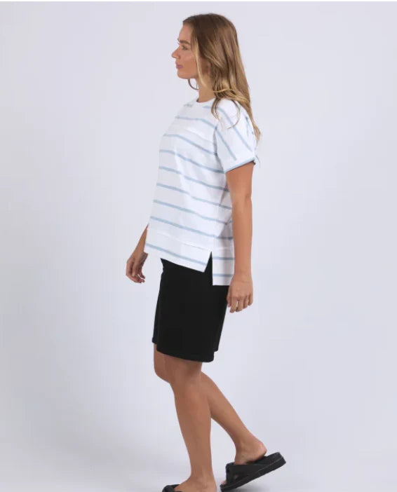 Allison stripe tee - white/sky blue-Foxwood-Stay vibrant and fresh in the Allison Tee! Made from 100% cotton, this tee will keep you comfortable and stylish all day long whilst adding a pop of colour to your wardrobe. Keep it fun with the Allison Tee! Round neckline Design lines Raw edge details 100% Cotton Our model is 176cm and wears Size 10-Pash + Evolve