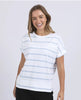 Allison stripe tee - white/sky blue-Foxwood-Stay vibrant and fresh in the Allison Tee! Made from 100% cotton, this tee will keep you comfortable and stylish all day long whilst adding a pop of colour to your wardrobe. Keep it fun with the Allison Tee! Round neckline Design lines Raw edge details 100% Cotton Our model is 176cm and wears Size 10-Pash + Evolve