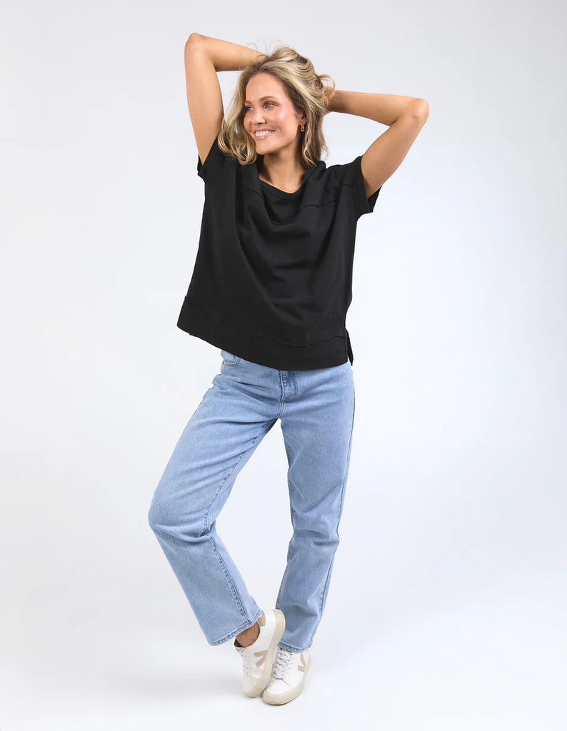 Allison tee - black-Foxwood-Stay vibrant and fresh in the Allison Tee! Made from 100% cotton, this tee will keep you comfortable and stylish all day long whilst adding a pop of colour to your wardrobe. Keep it fun with the Allison Tee! Round neckline Design lines Raw edge details 100% Cotton Our model is 176cm and wears Size 10-Pash + Evolve