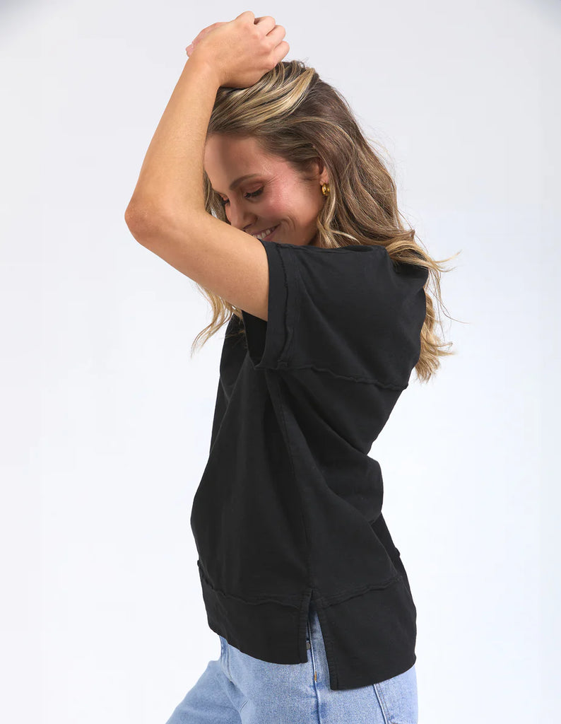 Allison tee - black-Foxwood-Stay vibrant and fresh in the Allison Tee! Made from 100% cotton, this tee will keep you comfortable and stylish all day long whilst adding a pop of colour to your wardrobe. Keep it fun with the Allison Tee! Round neckline Design lines Raw edge details 100% Cotton Our model is 176cm and wears Size 10-Pash + Evolve