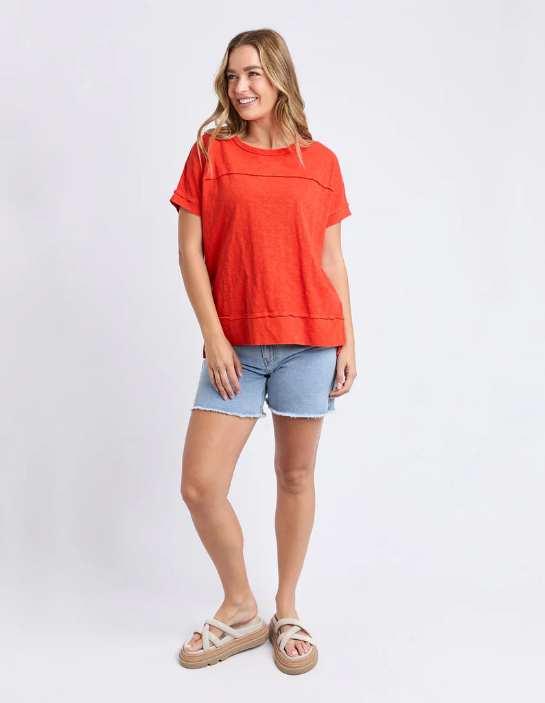 Allison tee - tangelo-Foxwood-Stay vibrant and fresh in the Allison Tee! Made from 100% cotton, this tee will keep you comfortable and stylish all day long whilst adding a pop of colour to your wardrobe. Keep it fun with the Allison Tee! Round neckline Design lines Raw edge details 100% Cotton Our model is 176cm and wears Size 10-Pash + Evolve