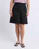 Amanda skirt - Black-Foxwood-A little bit retro. A lot of cute. This A-Line denim button front skirt is a must-have this season. Featuring side pockets, front tuck detail and an elasticated back, this skirt looks great with strappy sandals and your favourite tee! Flat front and elastic back waist Front button opening Side pockets 99% Cotton 1% Elastane Our model is 176cm and wears Size 10-Pash + Evolve
