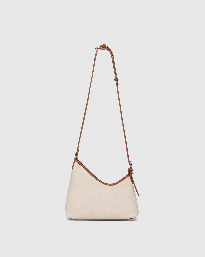 Amelia Shoulder Bag - Canvas/Tan-Louenhide-The Amelia Canvas Tan Shoulder Bag is a striking addition to your collection of minimalist handbags, defined by clean lines and a distinctive, asymmetrical structured silhouette. With elevated detailing and a modern edge, Amelia offers a fresh perspective on everyday styling. Blending tan vegan leather with natural canvas and accented with gold hardware, she exudes effortless polish in a palette that transitions seamlessly through every season. The adjustable shoul