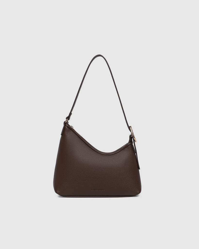 Amelia Shoulder Bag - Chocolate-Louenhide-The Amelia Chocolate Shoulder Bag is a striking addition to your collection of minimalist handbags, defined by clean lines and a distinctive, asymmetrical structured silhouette. With elevated detailing and a modern edge, Amelia offers a fresh perspective on everyday styling. Finished in smooth chocolate vegan leather and elevated with gold hardware, she adds instant polish to any look. The adjustable shoulder strap allows for a comfortable, customised fit, while the